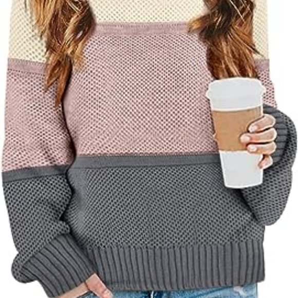 Girls' Long Sleeve Knit Sweater Color Block Crewneck Cute Warm